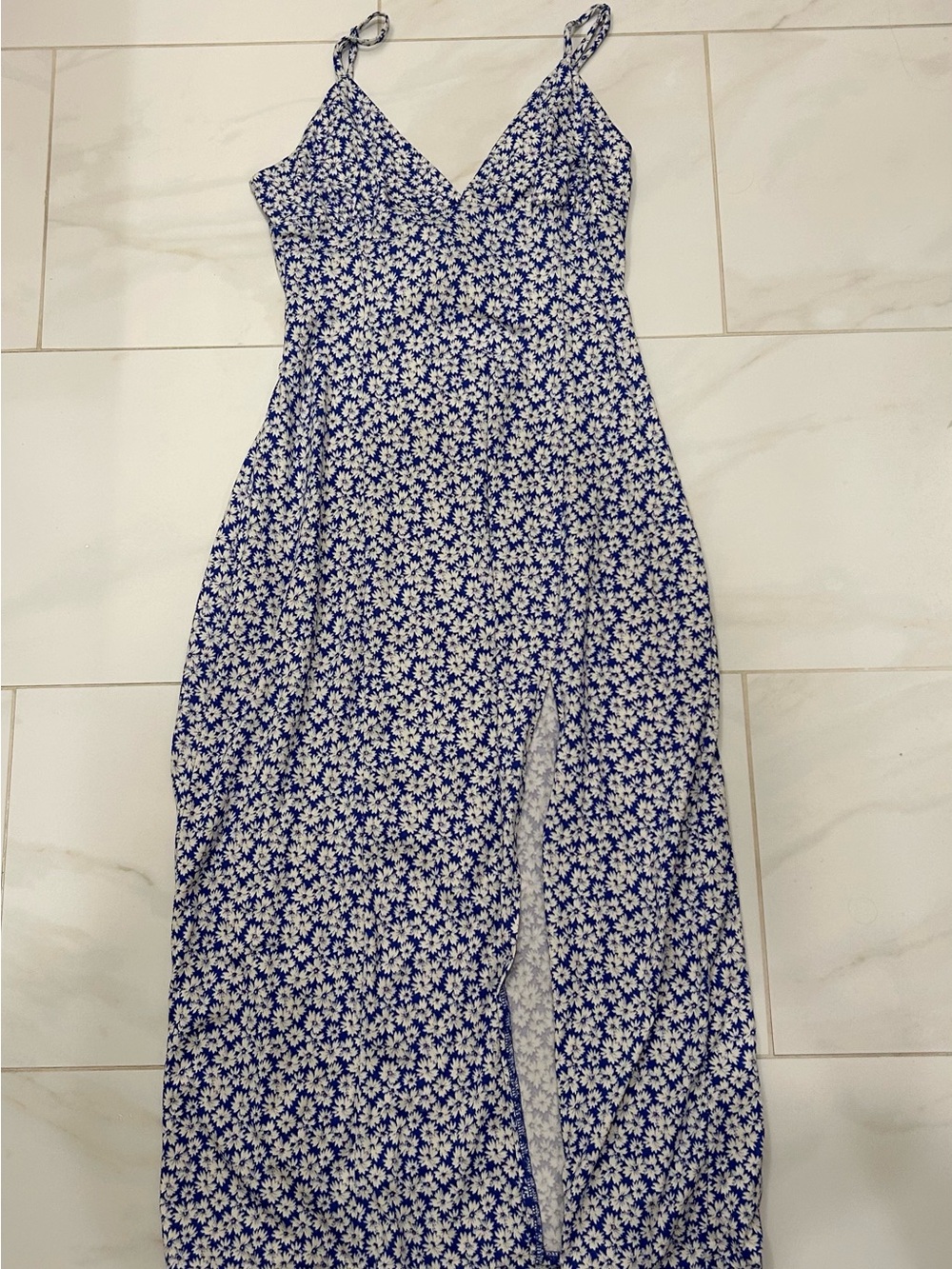 Urban Outfitters Blue and White Floral Spaghetti-Strap Dress